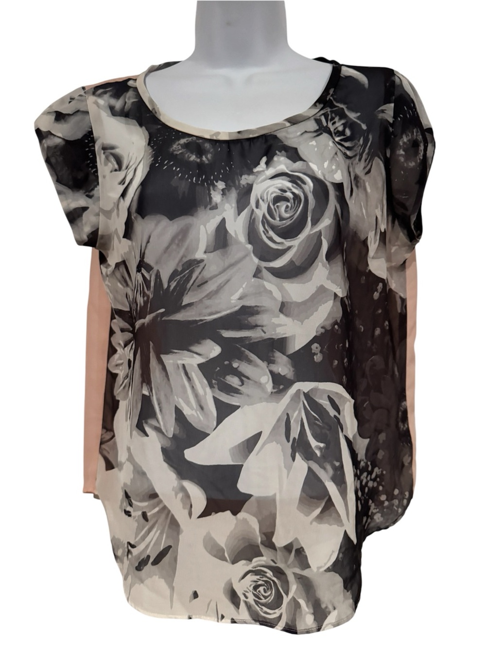 Women’s Black & Cream Floral Blouse - Lightweight Short Sleeve Top